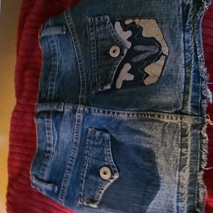 Vanilla vintage denim micro mini skirt embellished pocket. Distressed sz 3